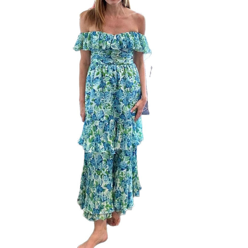 Damen Maxikleid Voluminöse Rüschendetails Floraler Print Eveloria