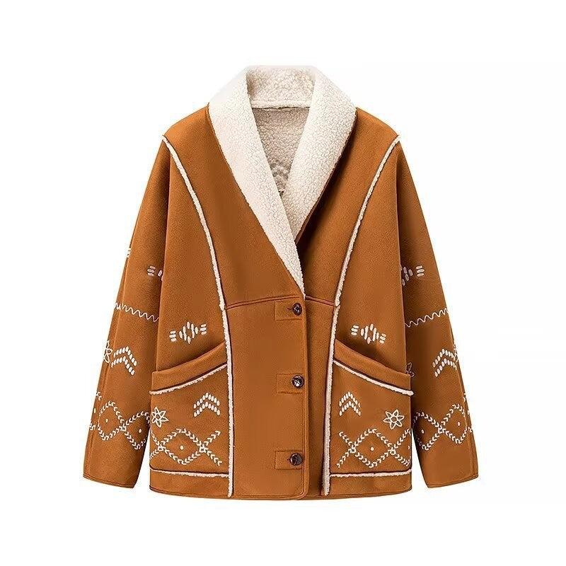 Damen Teddyjacke Warm mit Stickereien Braun