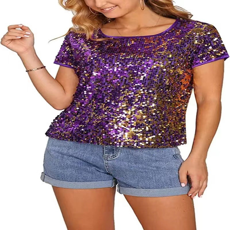Damen T-Shirt aus Baumwolle mit Pailletten Glitzer Effekt Lässig