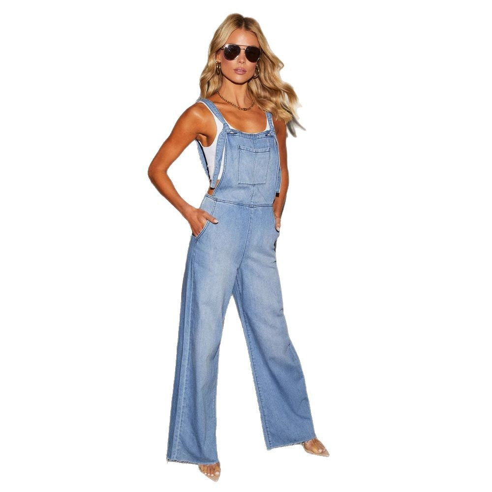 Damen Jeanslatzhose Weites Bein Praktische Taschen Blau Eveloria