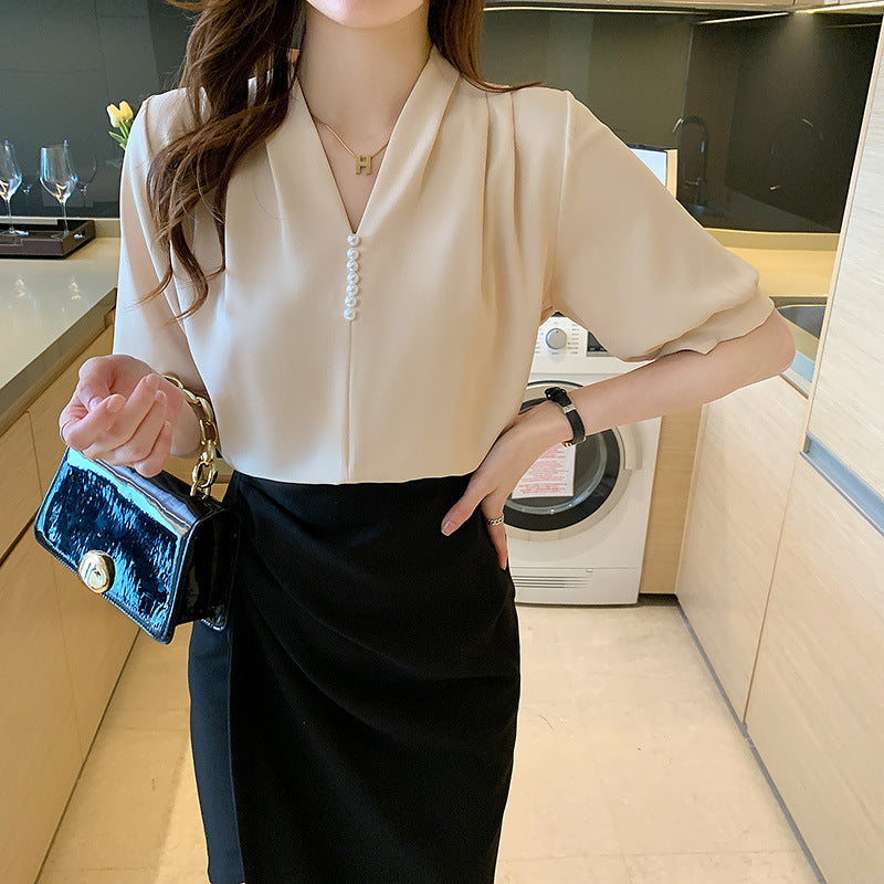 Damen Bluse V-Ausschnitt Perlendetails Elegantes Design