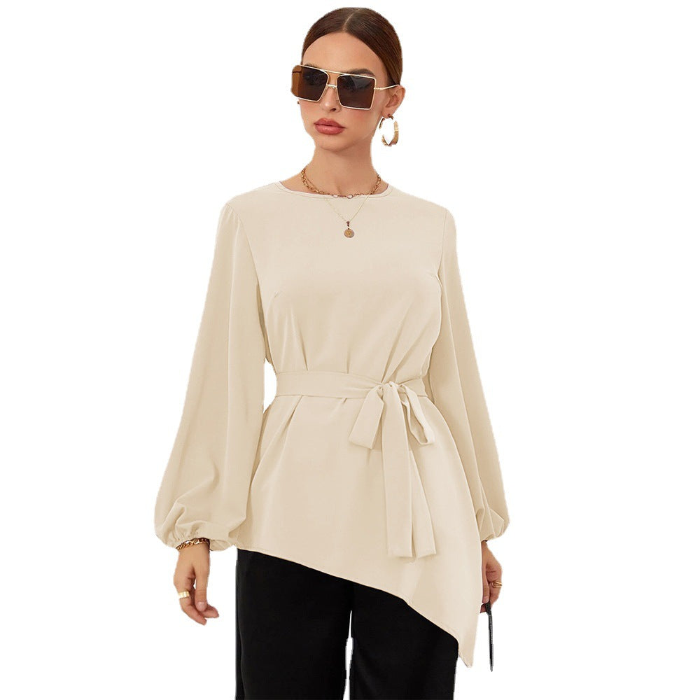 Damen Asymmetrisches Blusen-Shirt mit Taillengürtel Eveloria