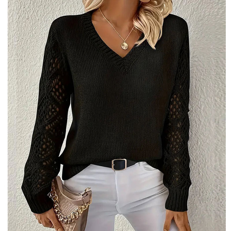 Damen Strickpullover V-Ausschnitt Lochmuster Eveloria