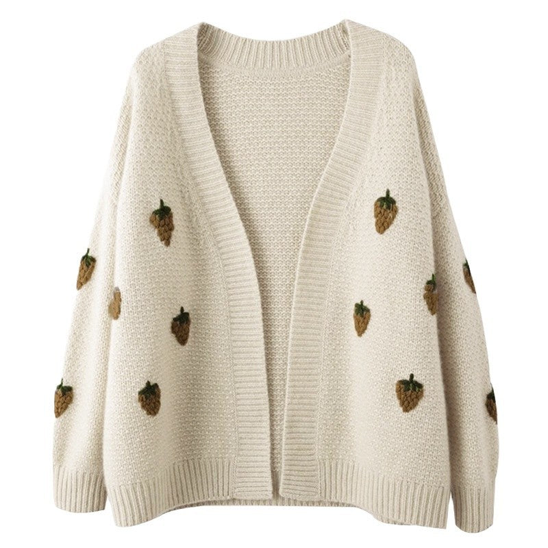 Damen Strickjacke Erdbeermuster