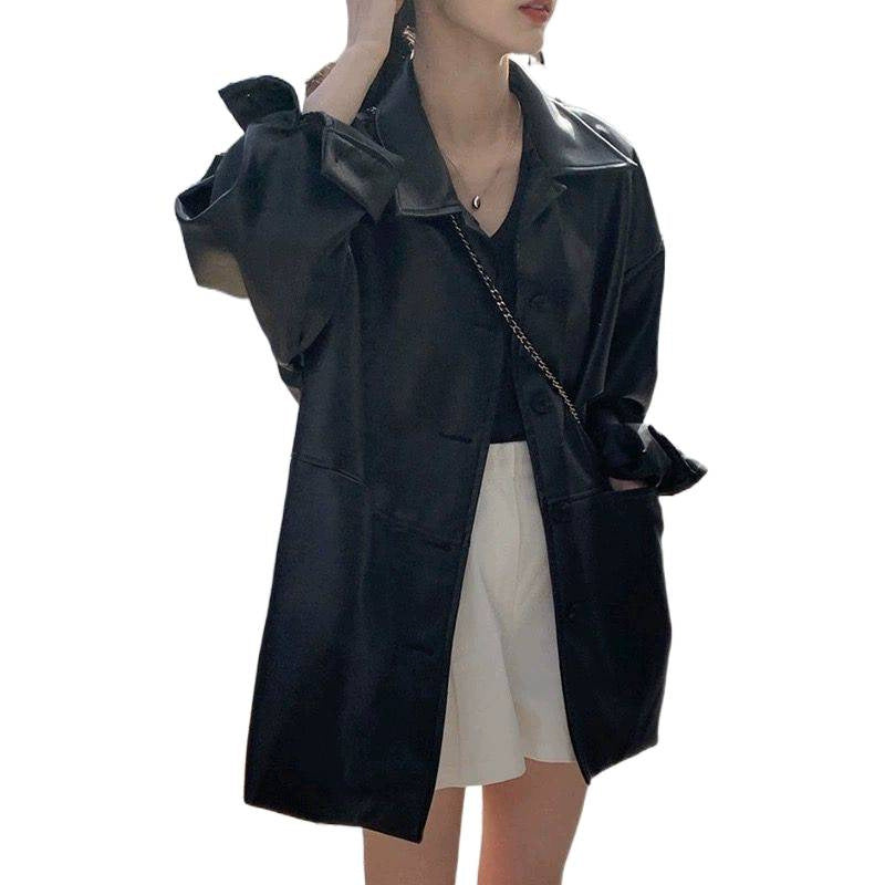Damen Lederjacke Oversized Klassischer Kragen Eveloria