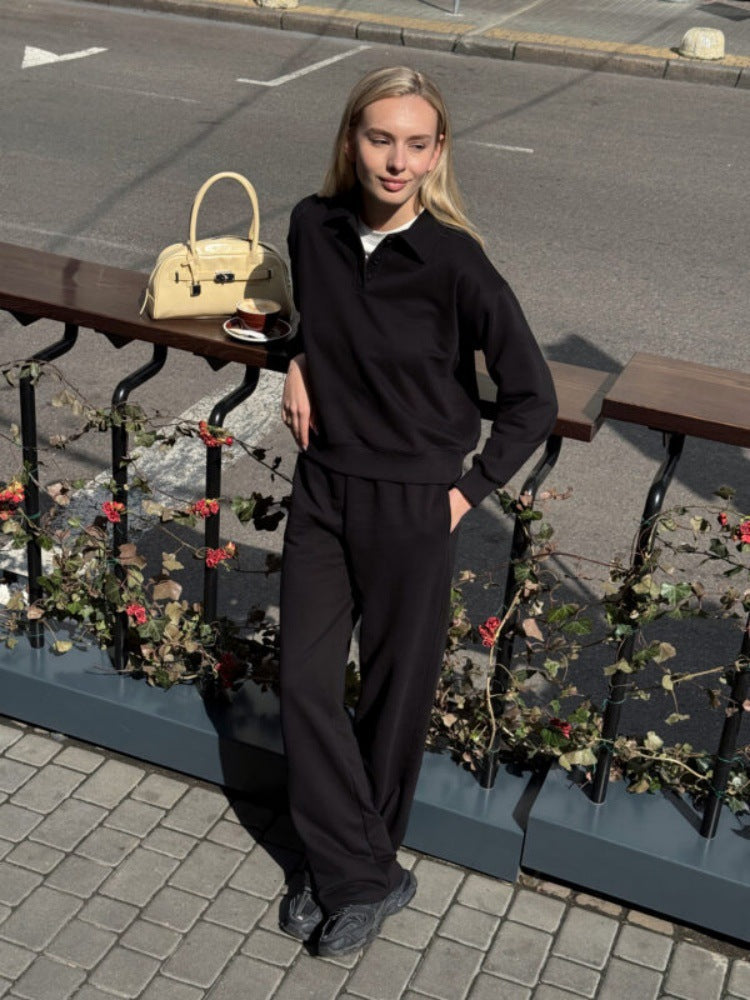 Damen Fleece-Anzug mit Polo-Kragen und geraden Hosen weich