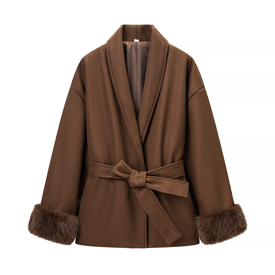 Damen Modische Jacke Weichgefütterter Kragen Bindegürtel