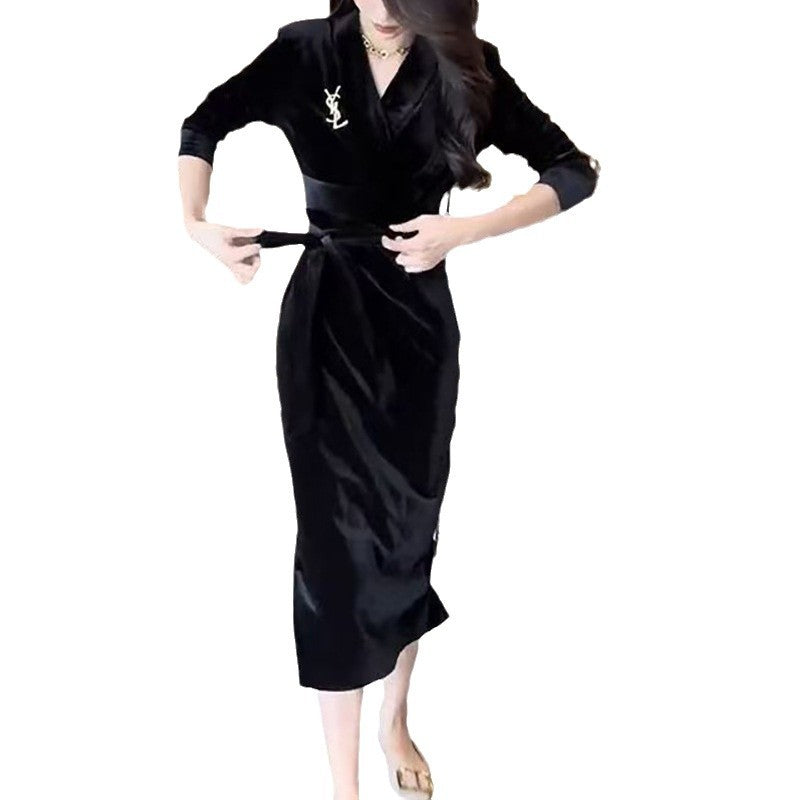 Damen Langarmkleid Wickeldesign Rüschensaum Eveloria