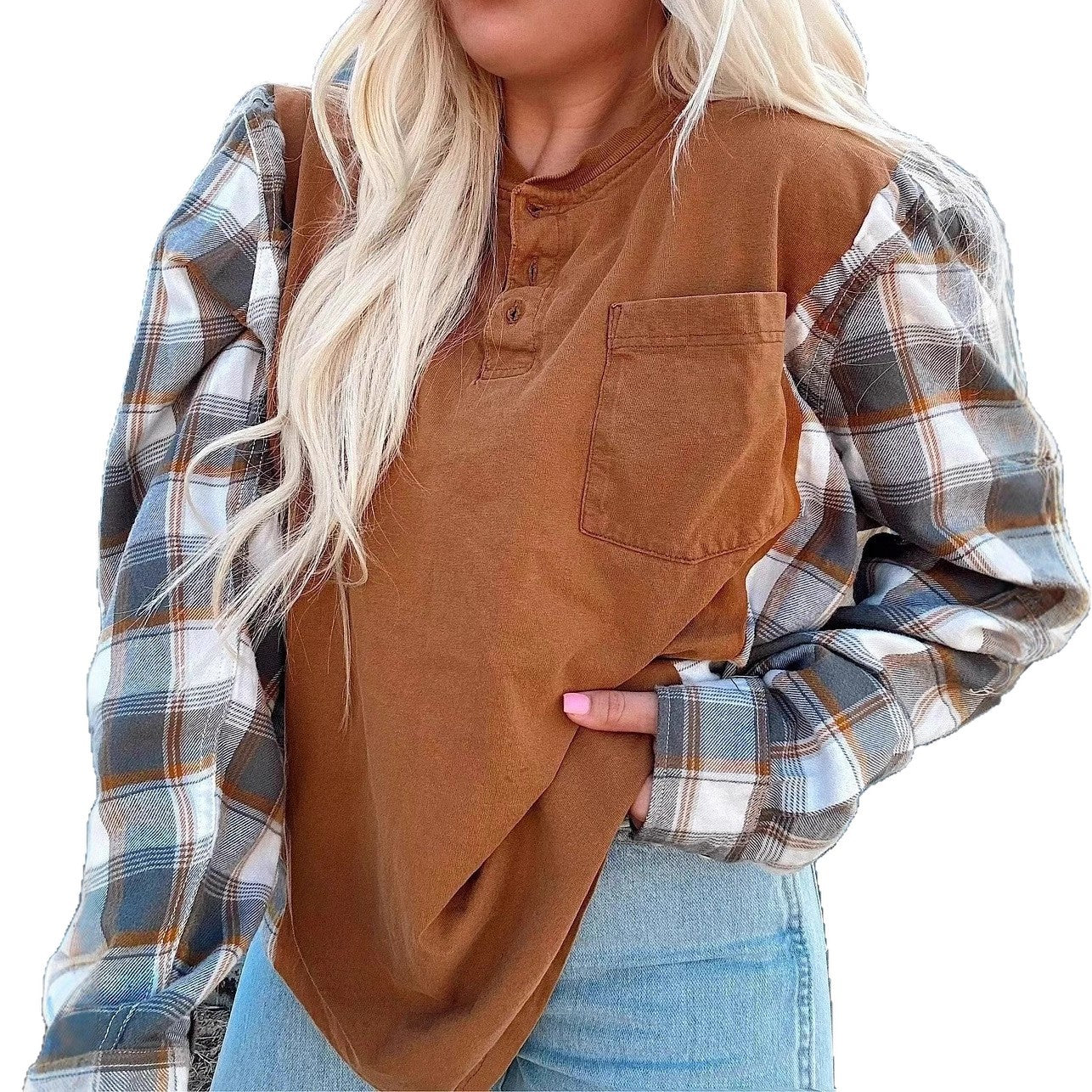Damen Langarmshirt Karierte Ärmel Eveloria