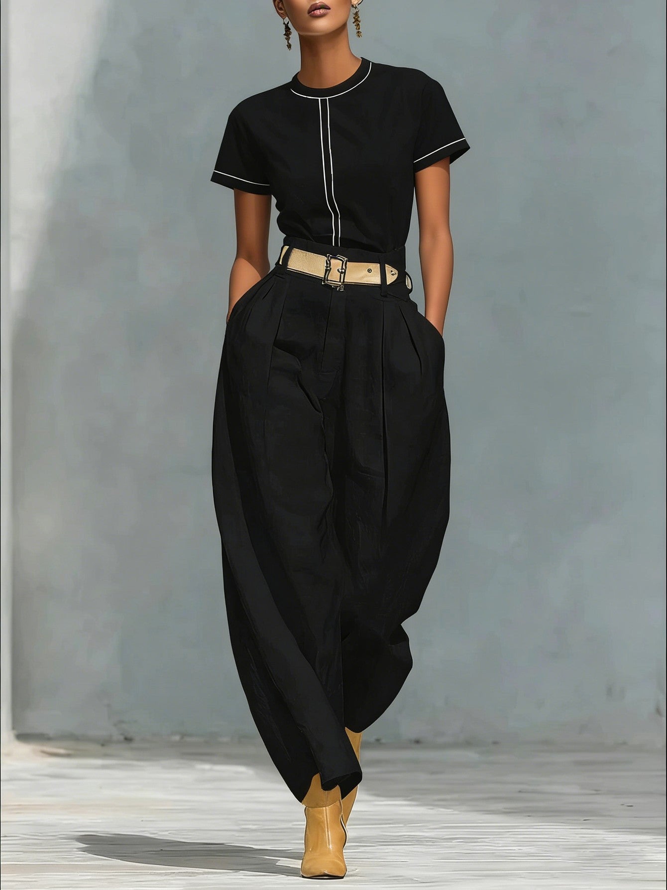 Damen Bundfaltenhose Locker Passform Verstellbarer Gürtel