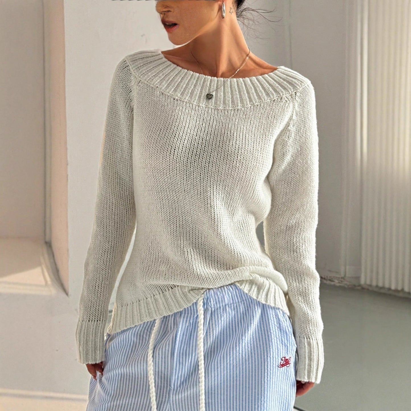 Damen Strickpullover Weite Schultern Strukturiert Eveloria