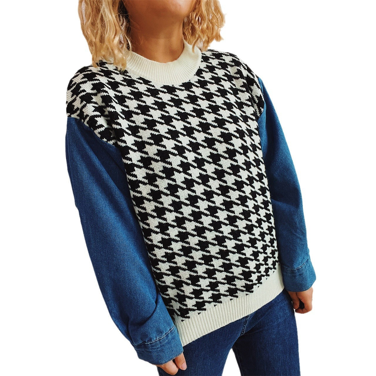 Damen Pullover Hahnentrittmuster Denim Ärmel Blau