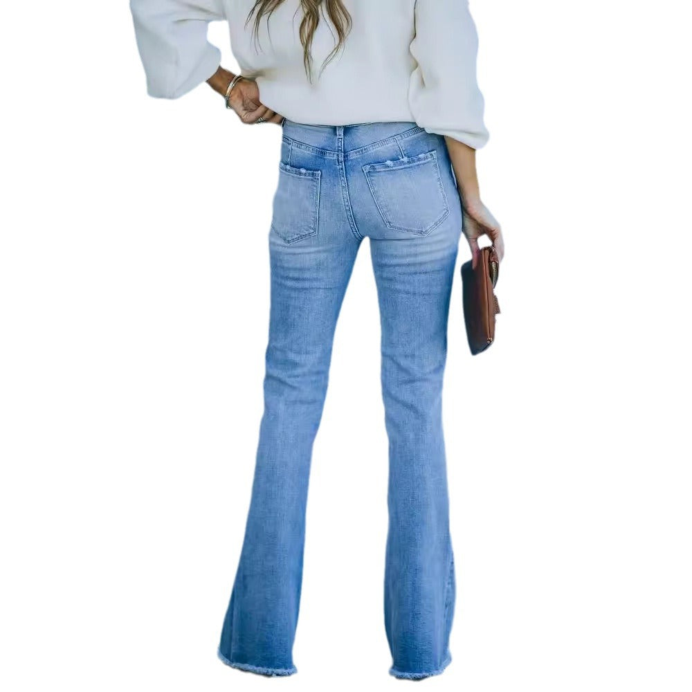 Damen Bootcut Jeans Hochbund Weit Fransen Eveloria