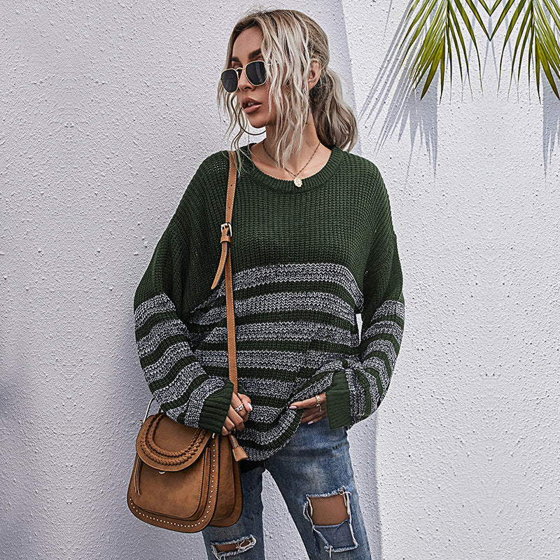Damen Strickpullover Lässig Streifenmuster Weite Passform Beige