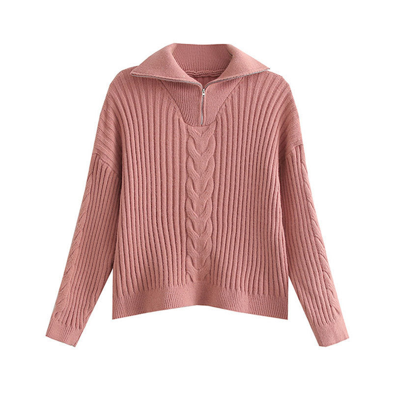 Damen Grobstrickpullover Zip-Kragen Zopf-Design Eveloria