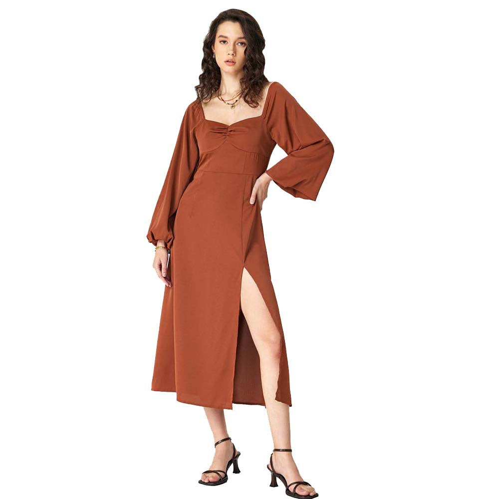 Damen Midi-Kleid Puffärmel Hohem Schlitz Eveloria