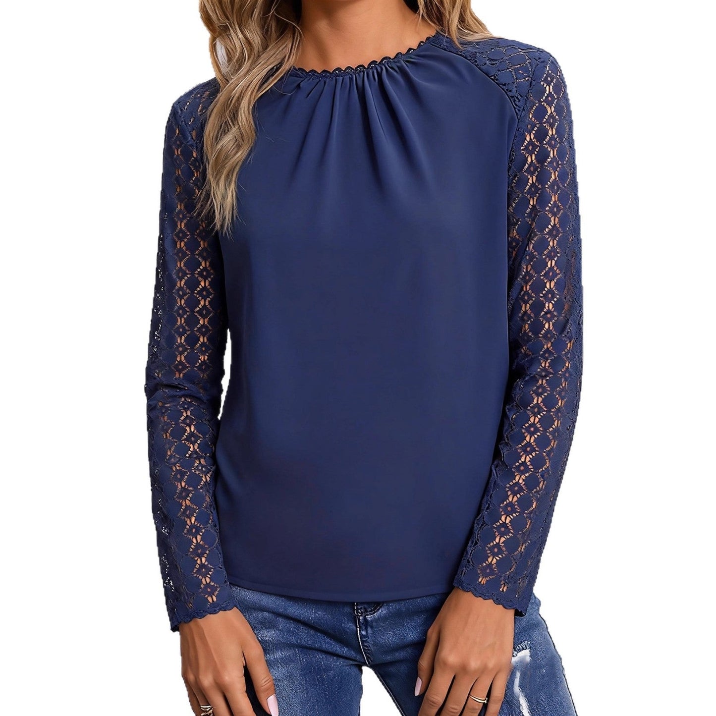 Damen Bluse Spitze Ärmel Geraffter Ausschnitt Eveloria