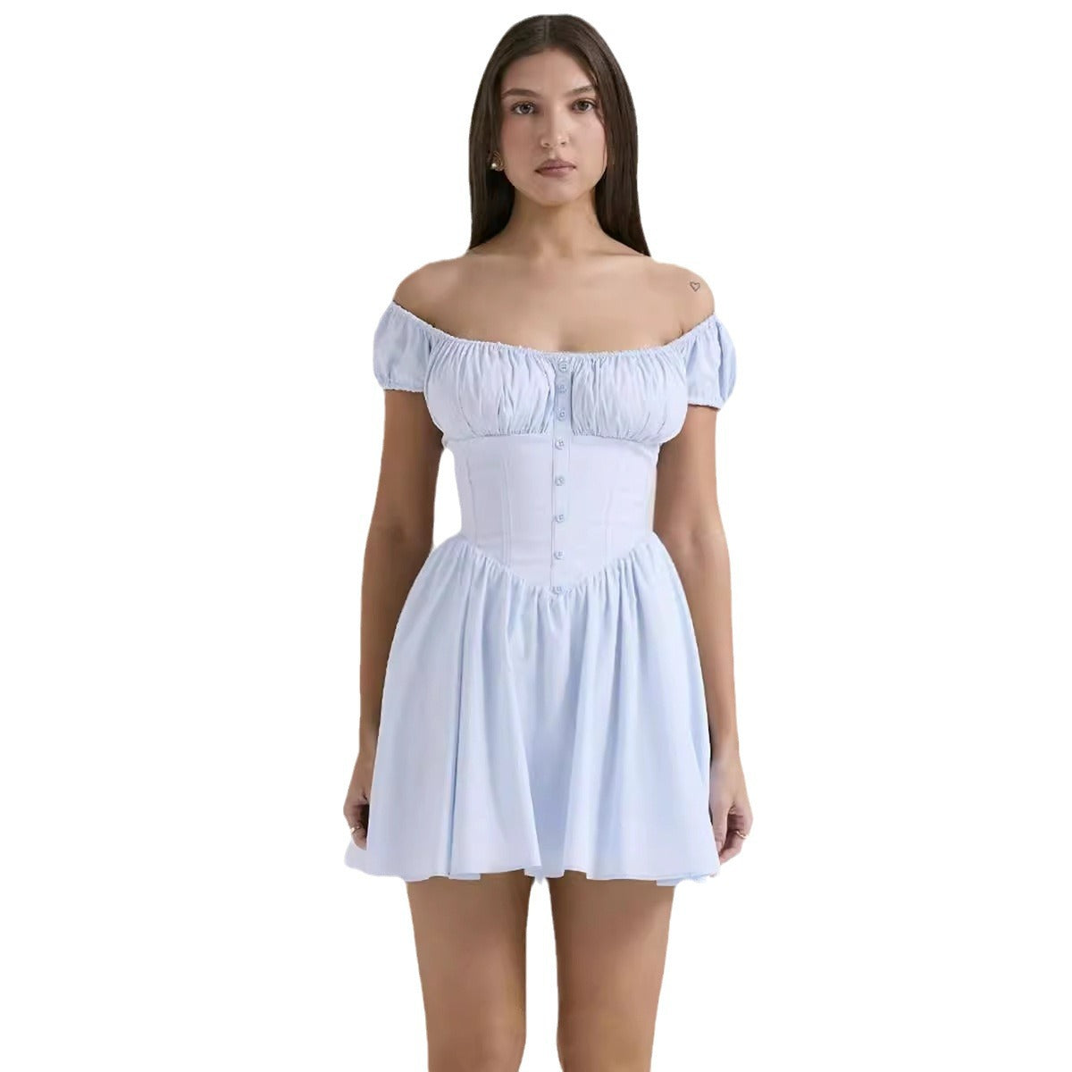 Damen Sommerkleid Raffungsausschnitt Knopfdetail Eveloria