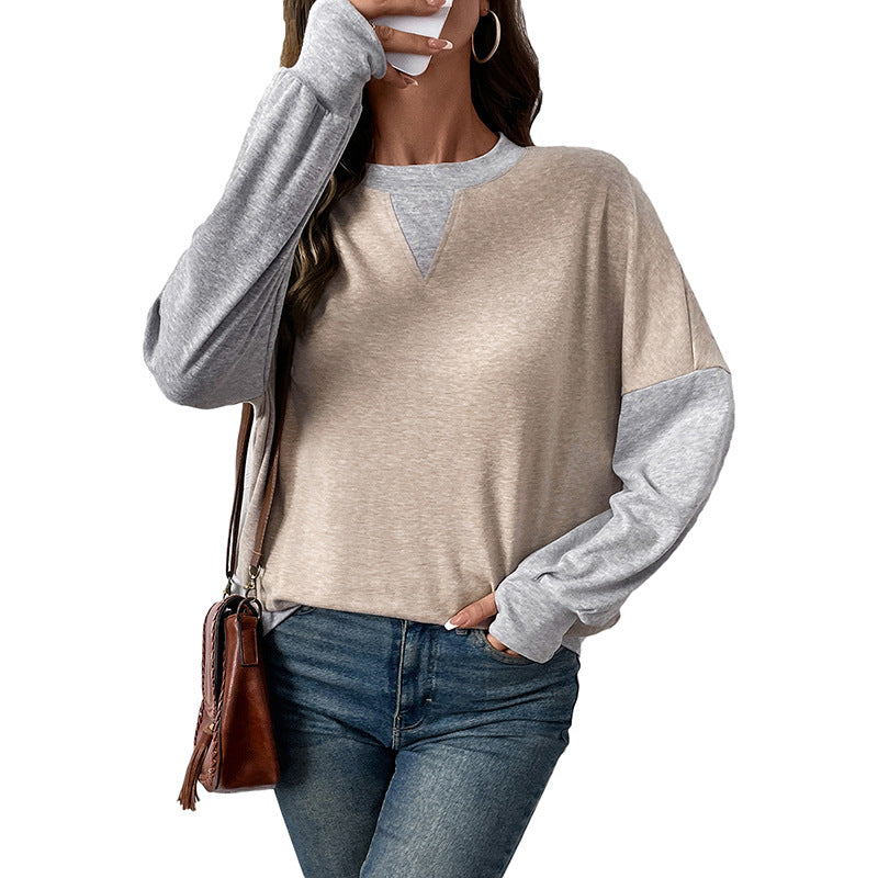 Damen Langarm-Pullover V-Ausschnitt Kontrastärmel Grau