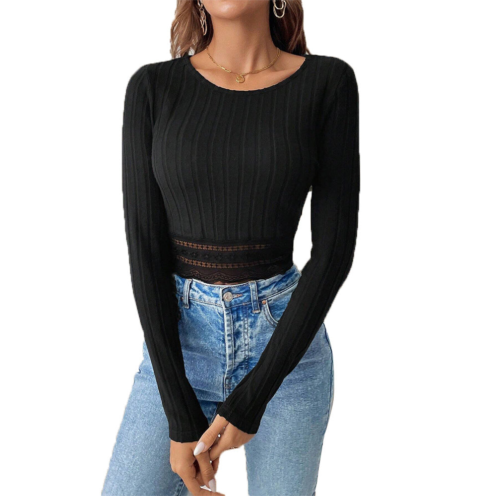 Damen Cropped Longsleeve Spitzenakzente Weiß