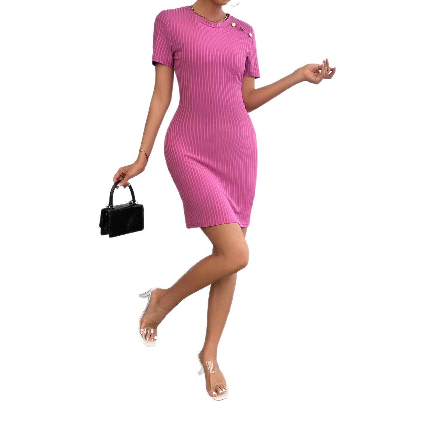 Damen Kleid Kurzarm Strukturiert Dekorative Knöpfe Eveloria