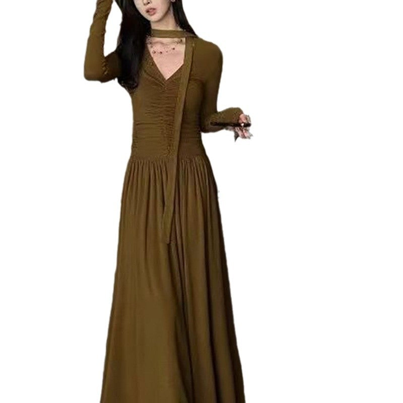 Eveloria Damen Maxi-Kleid V-Ausschnitt Längsärmel Elegantes Abendkleid