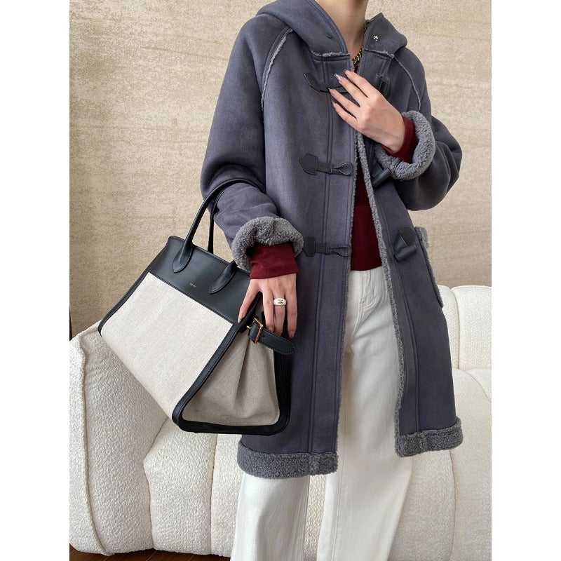 Damen Dufflecoat Strickmaterial Gemütliches Innenfutter