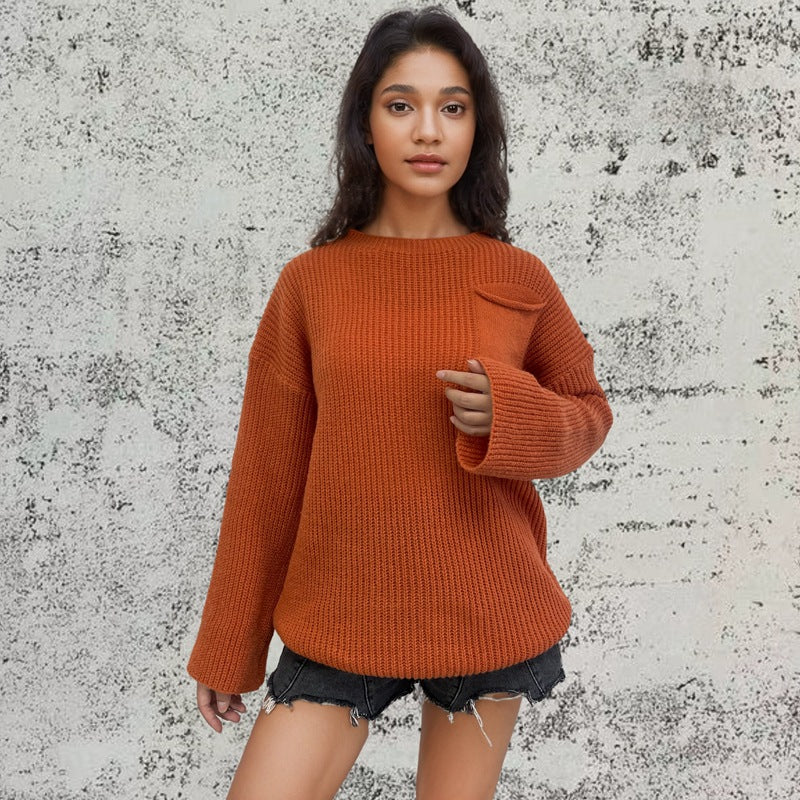 Damen Strickpullover Groß Brusttasche
