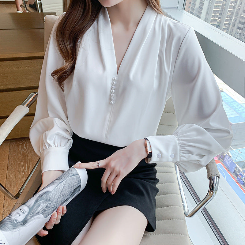 Damen Bluse Rüschenärmel Perlknöpfe Eveloria