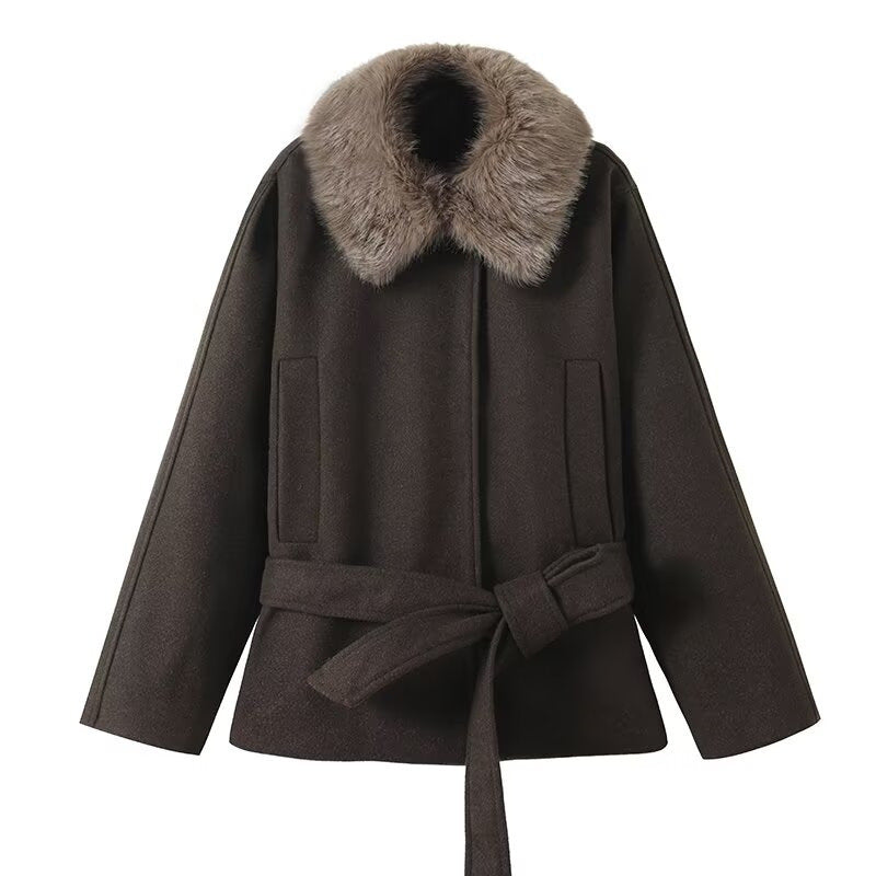 Damen Übergangsjacke Kunstfellkragen Taillengürtel Eveloria