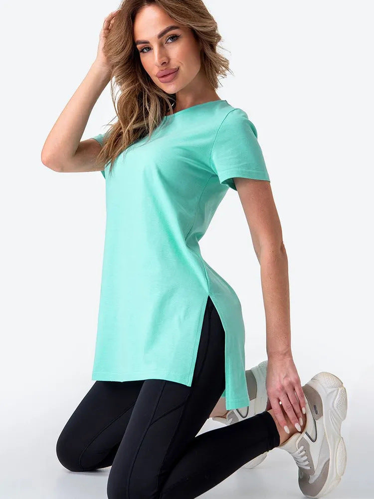 Damen Longline T-Shirt mit Schlitzen Hochwertiges Baumwoll-Material