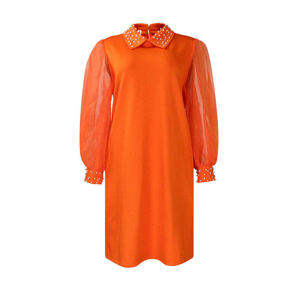 Damen Kleid mit Tüllärmeln und verziertem Kragen