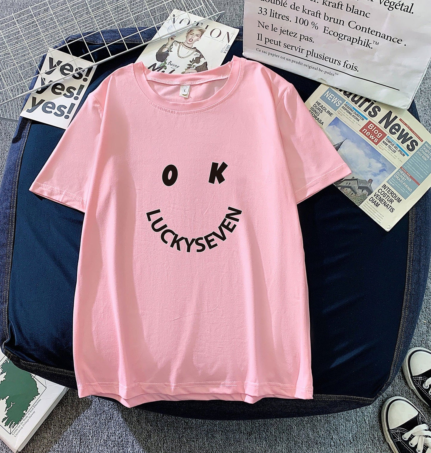 Damen T-Shirt Baumwolle Lässig Smiley-Print Weiß
