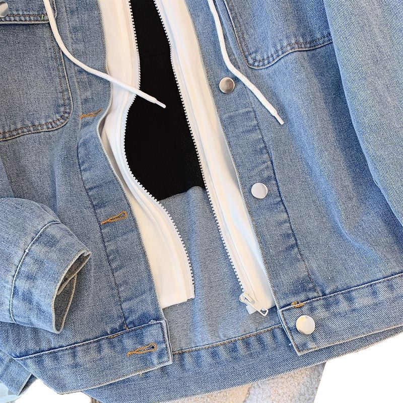 Damen Denimjacke Lässig Herausnehmbare Kapuze Blau Eveloria
