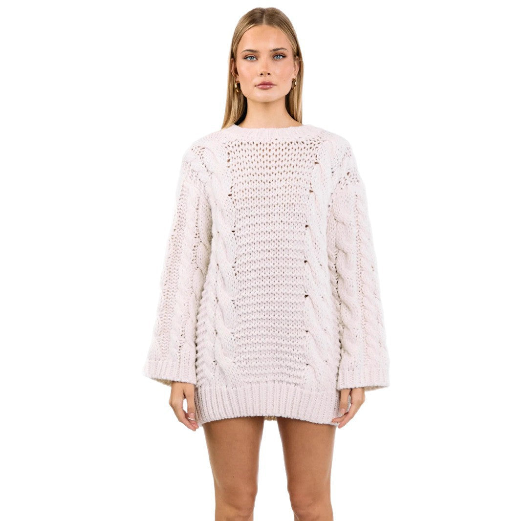 Damen Grobstrickpullover Zopfmuster Lässig Beige