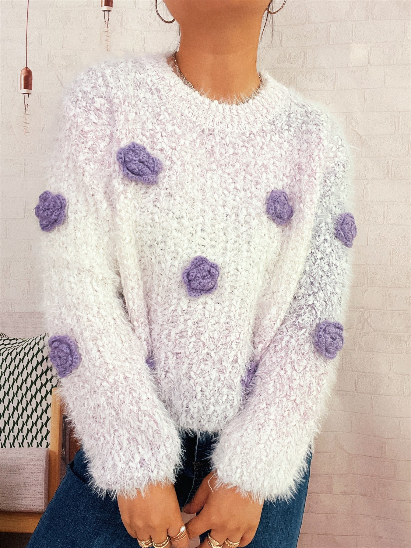 Damen Strickpullover Kuschelig Floralmuster Eveloria
