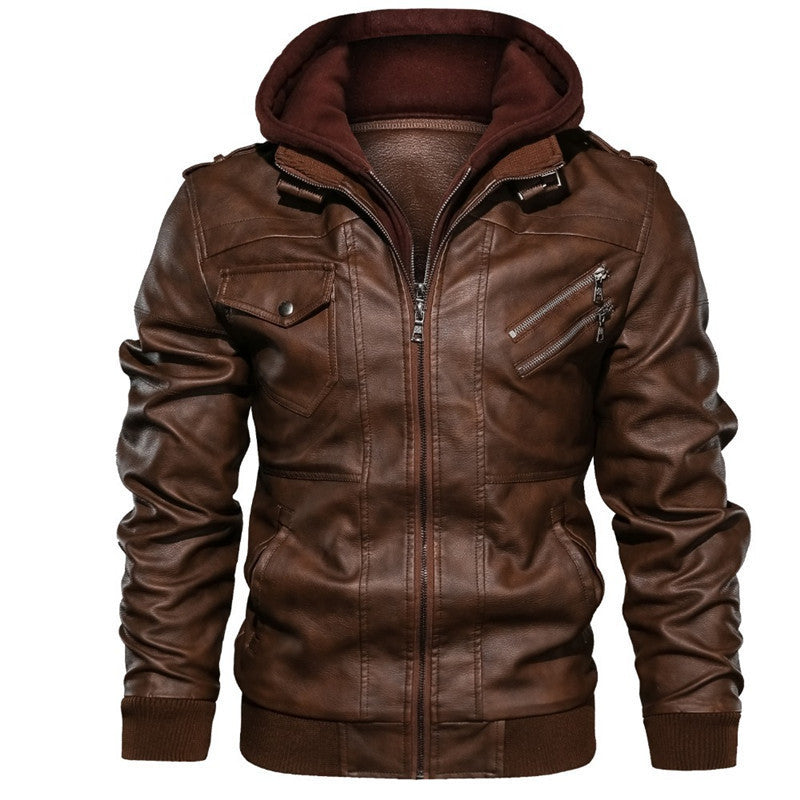 Herren Kunstlederjacke Slim Fit mit Kapuze und Rippenbündchen
