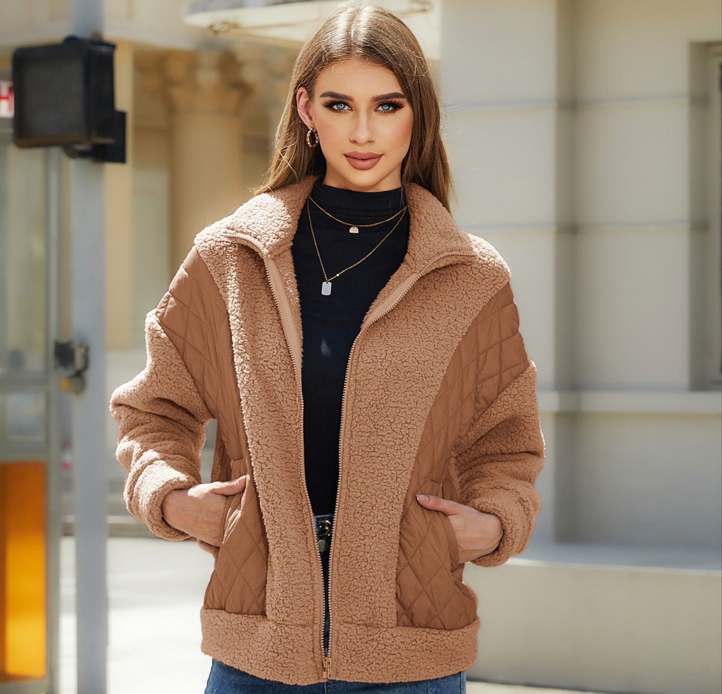 Damen Fleecejacke Steppdetails Praktische Taschen Kuschelig Grau
