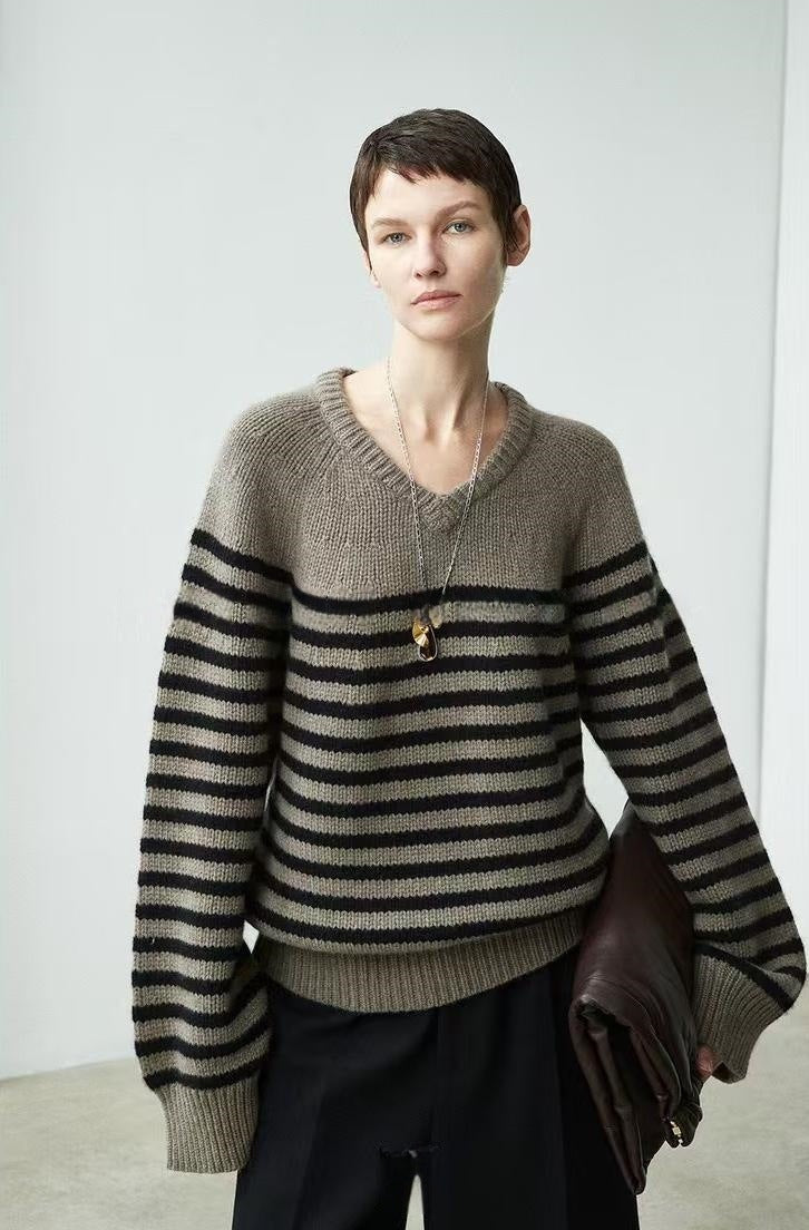 Damen Pullover V-Ausschnitt Streifenmeliert Grau
