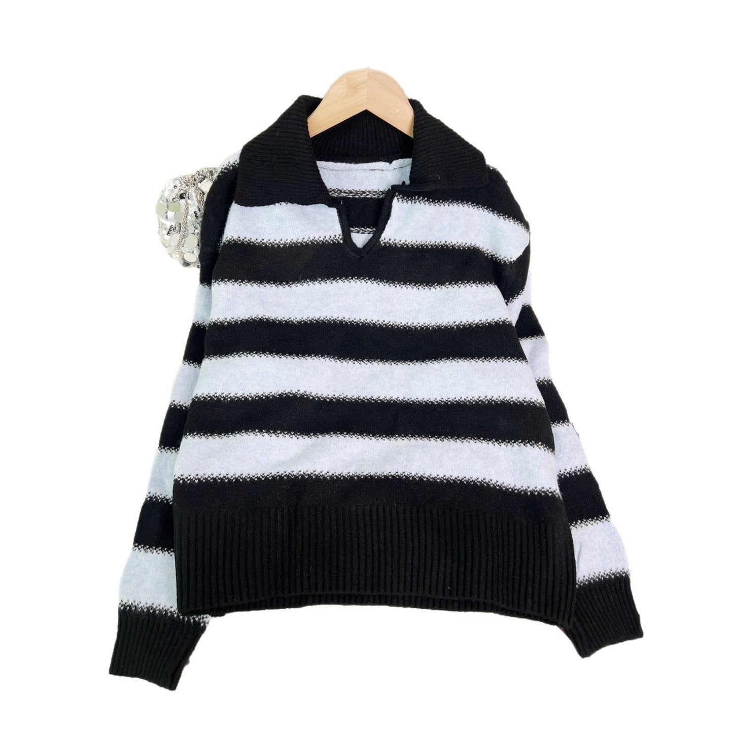 Damen Pullover Gestreift Elastischer Bund Moderner Polokragen