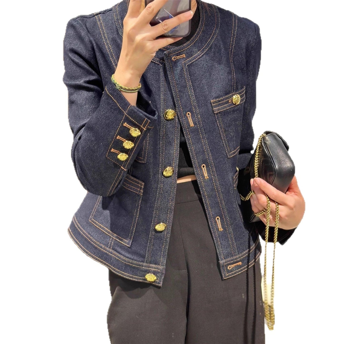 Damen Denimjacke Goldene Knöpfe Blau Eveloria