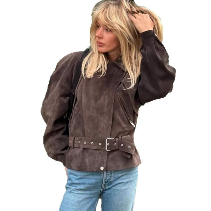 Damen Wildlederjacke Mit Taillengürtel Eveloria