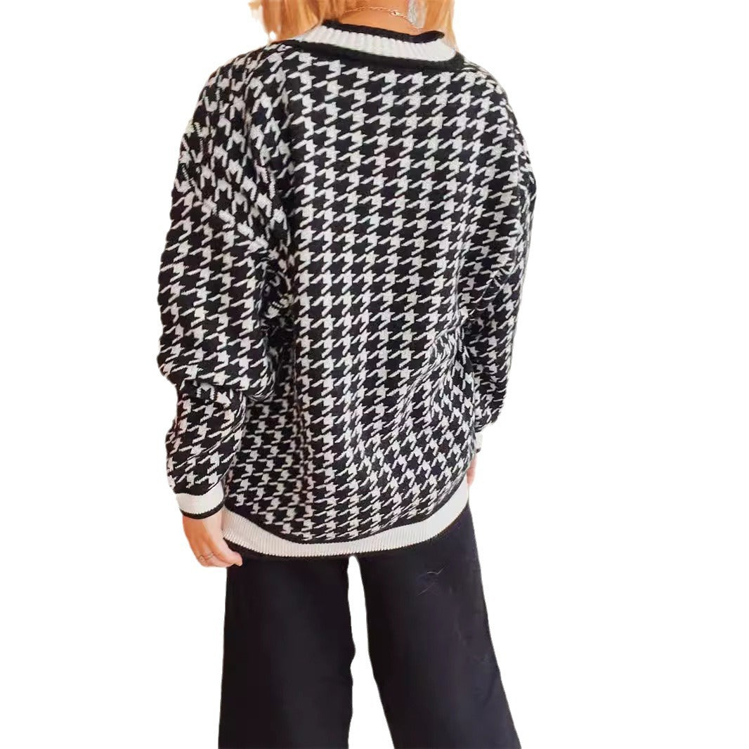 Damen Strickjacke Hahnentrittmuster Dekorative Knöpfe Eveloria