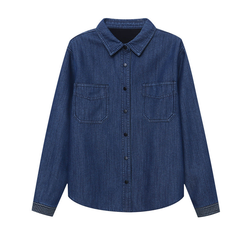 Damen Denim-Hemdjacke Lässig Kariert Blau Eveloria