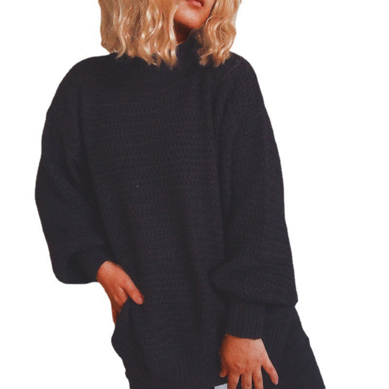 Damen Strickpullover Hochkragen Volumärmel Grau Eveloria