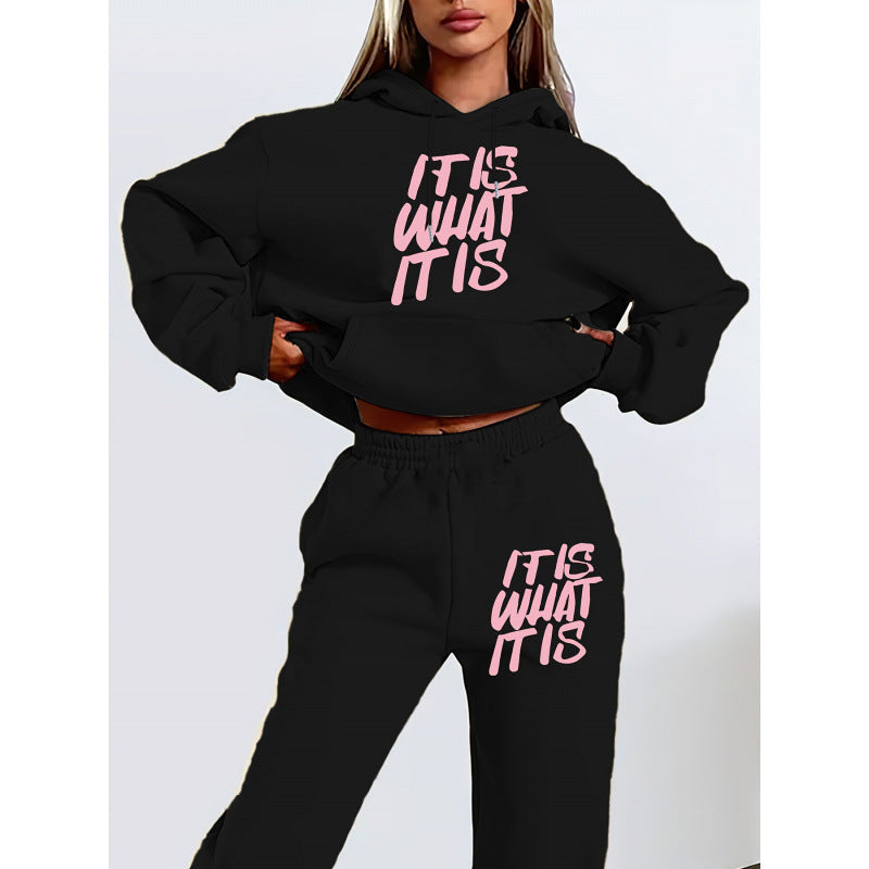Damen Hoodie Jogginghose Set mit Schriftzug Grau