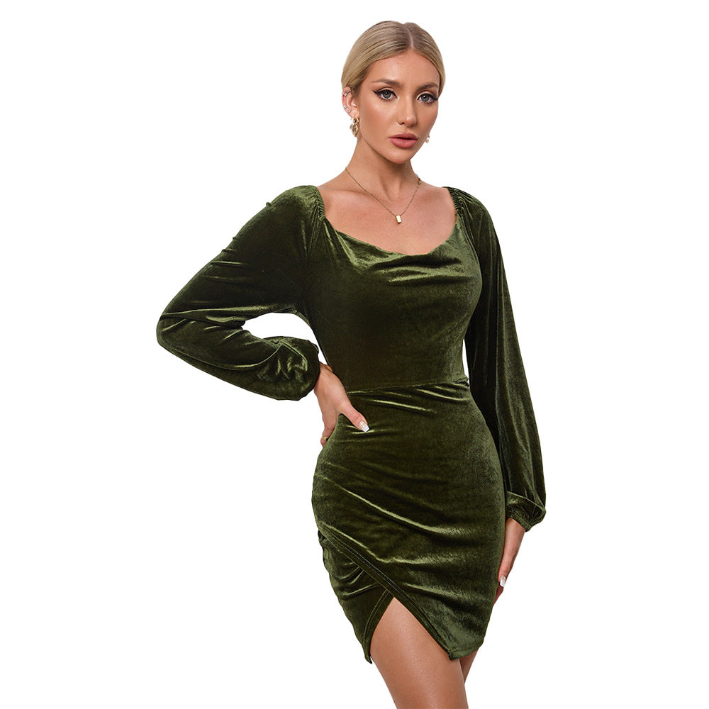 Damen Minikleid aus Samt mit Schlüsselausschnitt und Puffärmeln
