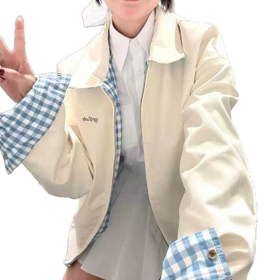 Damen Übergangsjacke Kariert Großzügig Modern weiß Eveloria