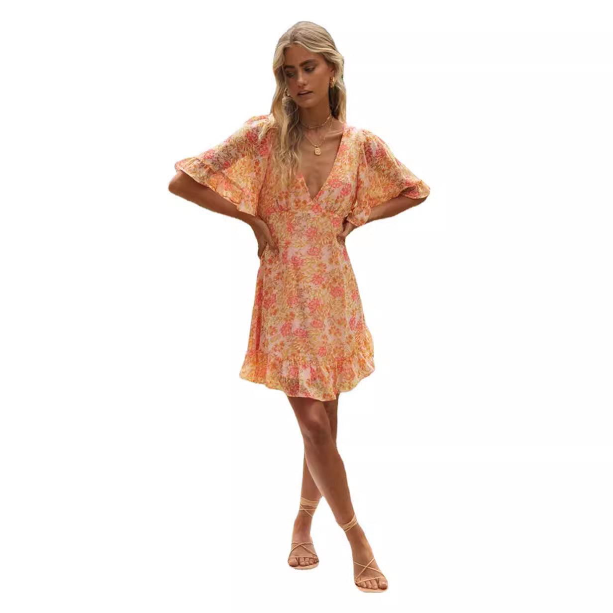 Damen Wickelkleid Mini Voluminöse Ärmel Romantisch