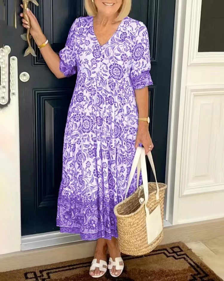 Eveloria Damen Kleid V-Ausschnitt Print Übergröße
